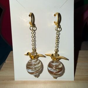 Crane Drop Earrings with Gold and Cream Art Glass Globes